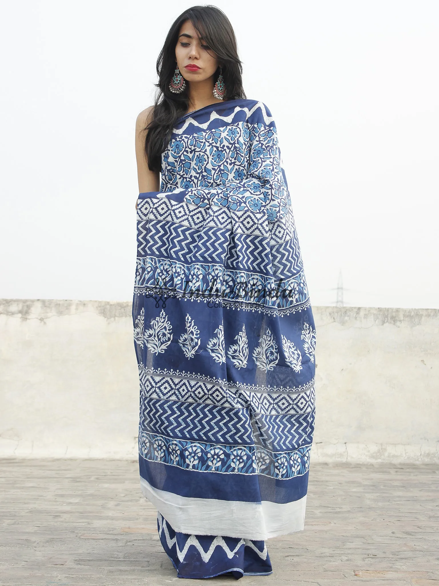 Indigo Blue White Hand Block Printed Cotton Saree In Natural Colors - S031702356