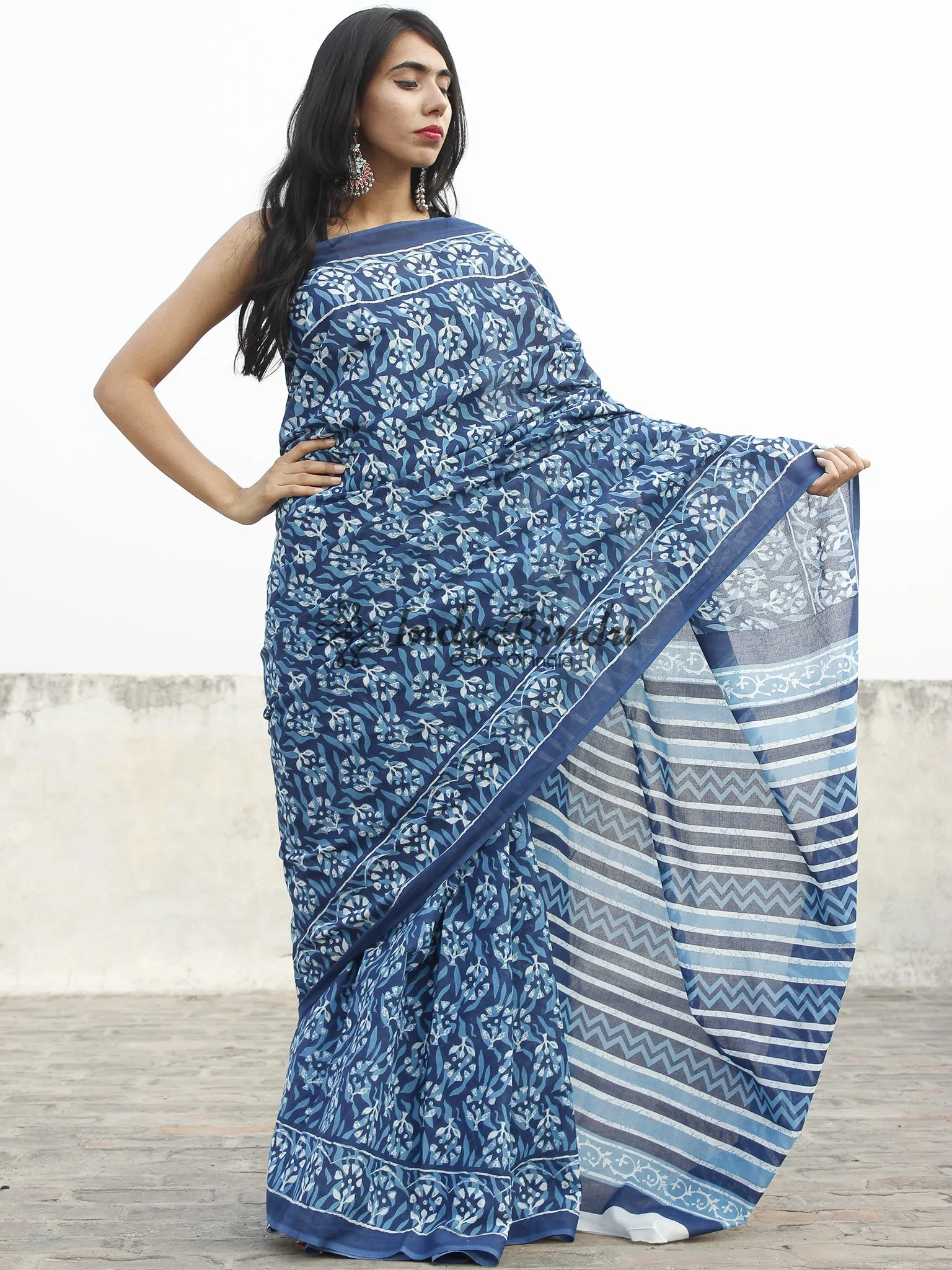 Indigo Blue White Hand Block Printed Cotton Saree In Natural Colors - S031702358