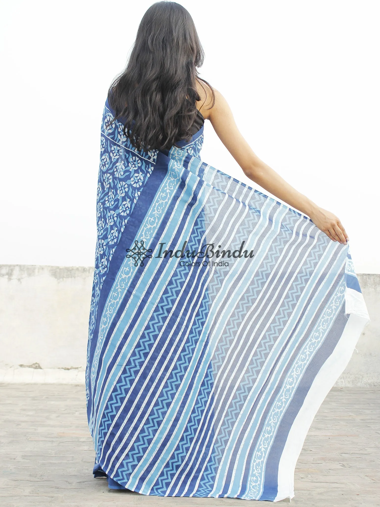 Indigo Blue White Hand Block Printed Cotton Saree In Natural Colors - S031702358