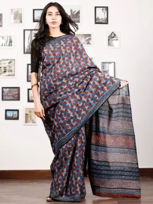 Indigo Rust Ivory Black Hand Block Printed Cotton Saree In Natural Colors - S031702920