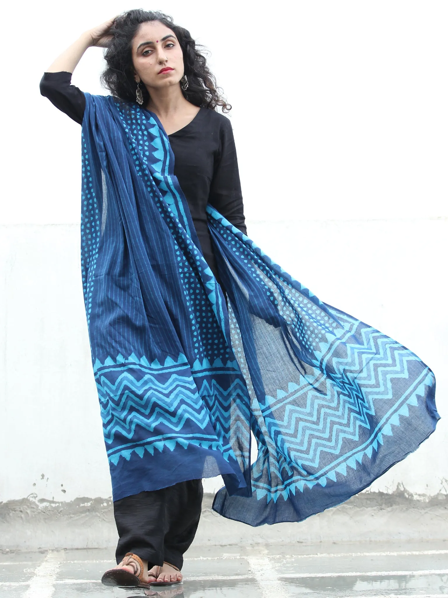 Indigo Sky Blue Cotton Hand Block Printed Dupatta - D04170425