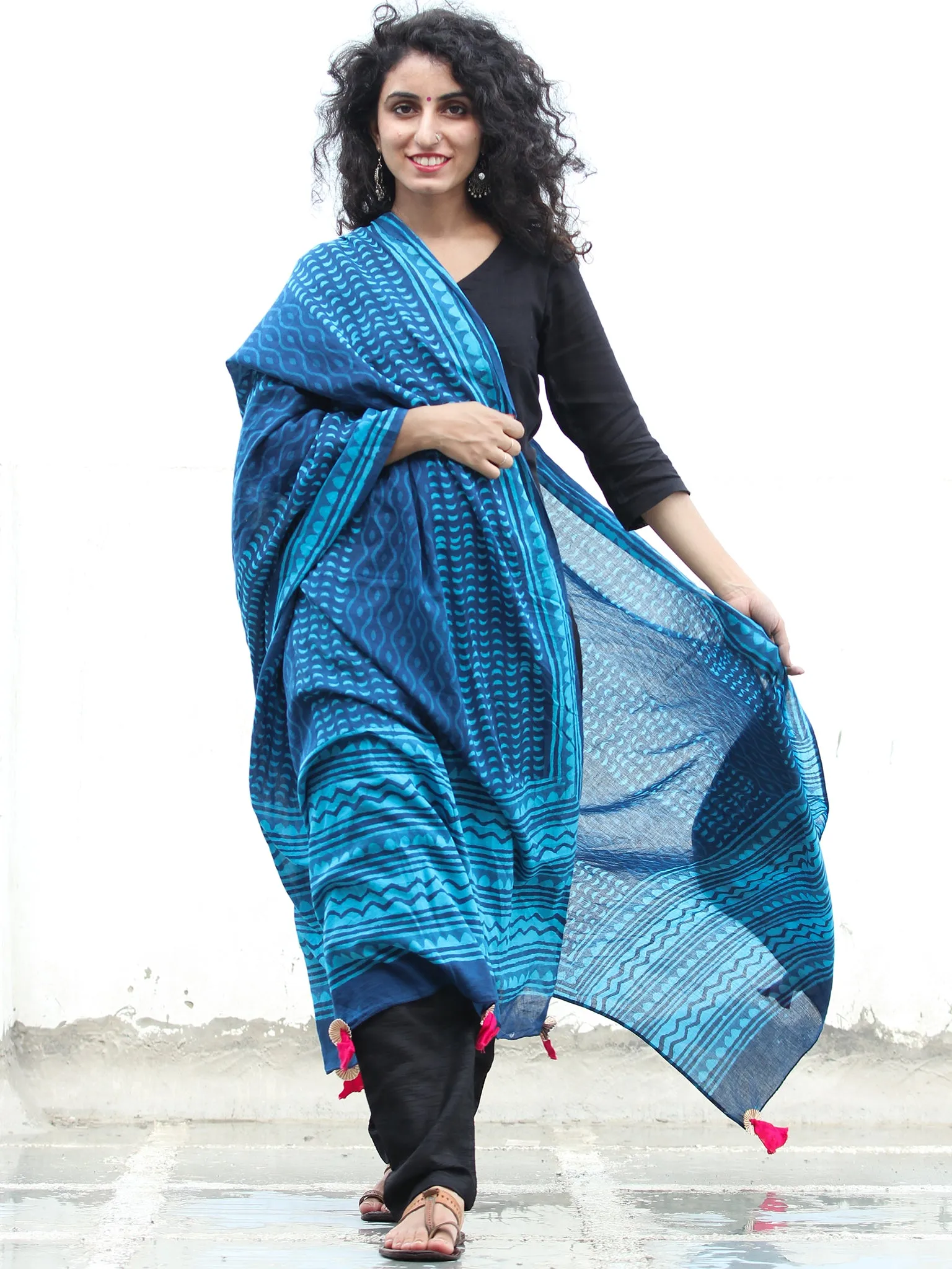 Indigo Sky Blue Cotton Hand Block Printed Dupatta With Tassels - D04170428