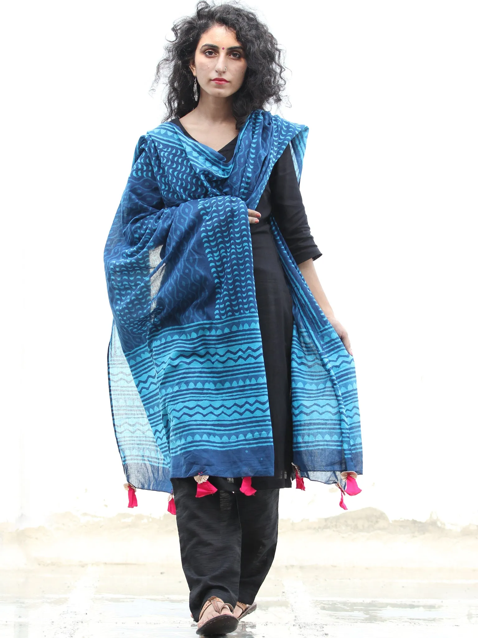 Indigo Sky Blue Cotton Hand Block Printed Dupatta With Tassels - D04170428