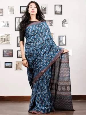 Indigo White Black Rust Hand Block Printed Cotton Saree In Natural Colors - S031702918