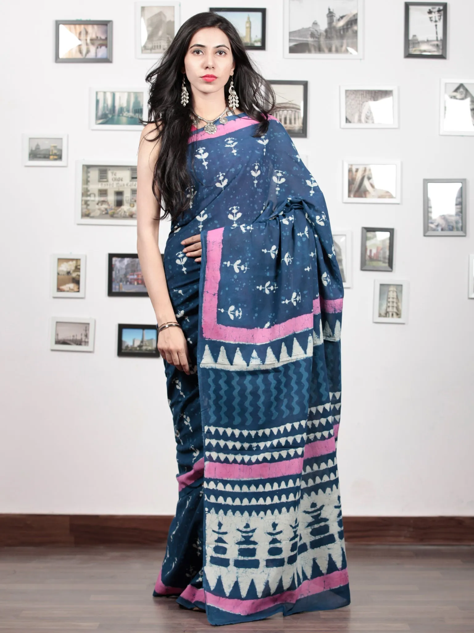 Indigo White Pink Hand Block Printed Cotton Mul Saree   - S031703043