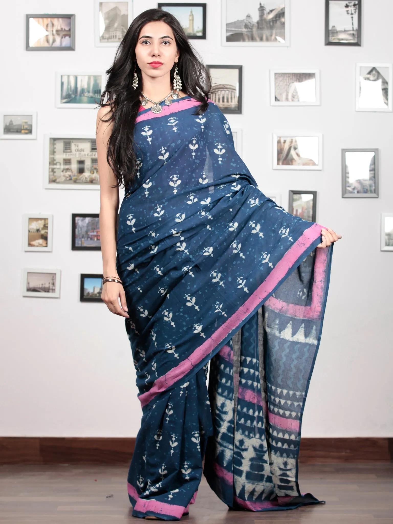 Indigo White Pink Hand Block Printed Cotton Mul Saree   - S031703043