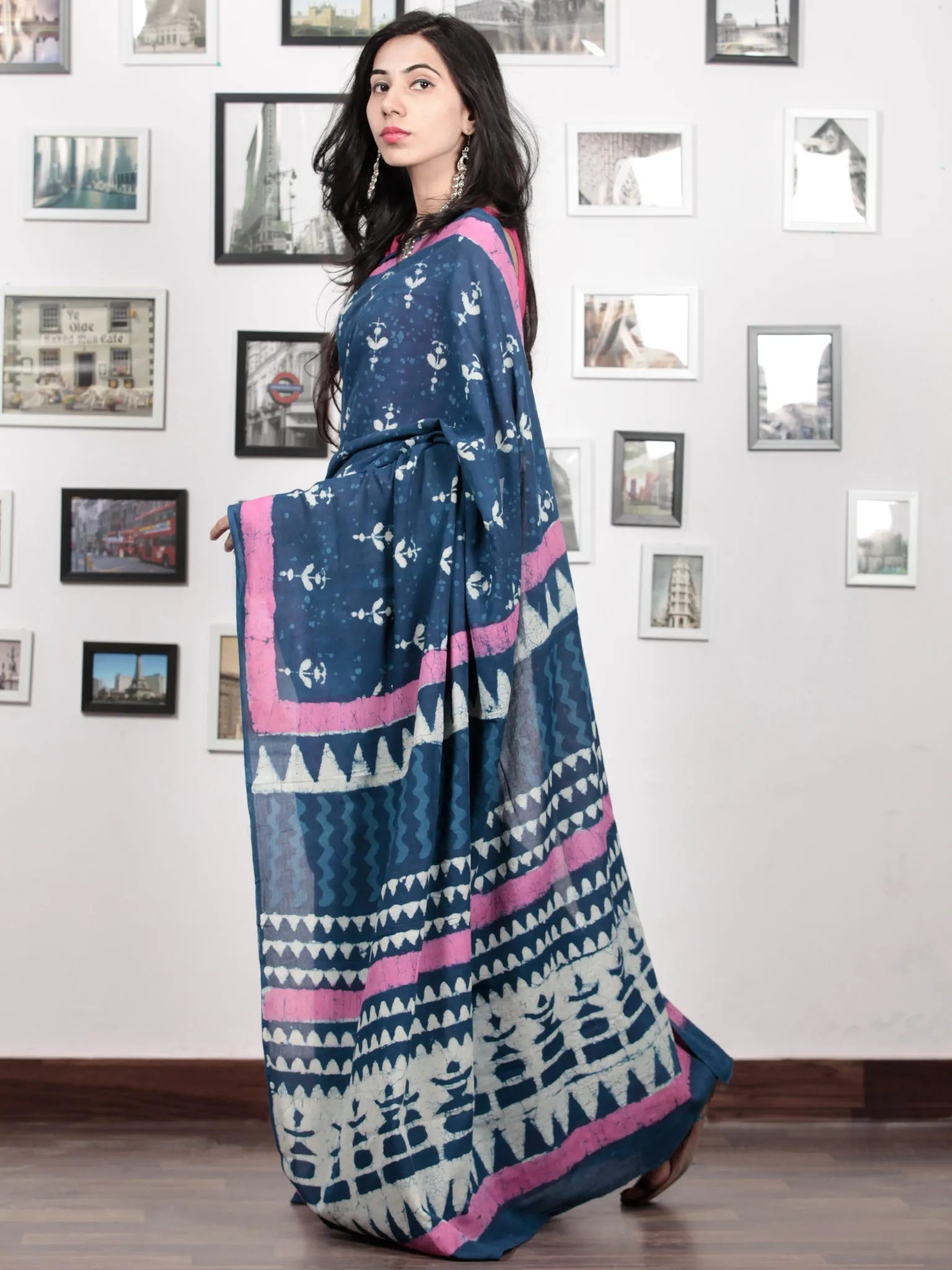 Indigo White Pink Hand Block Printed Cotton Mul Saree   - S031703043