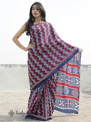 Indigo White Red Hand Block Printed Cotton Saree In Natural Colors - S031702379