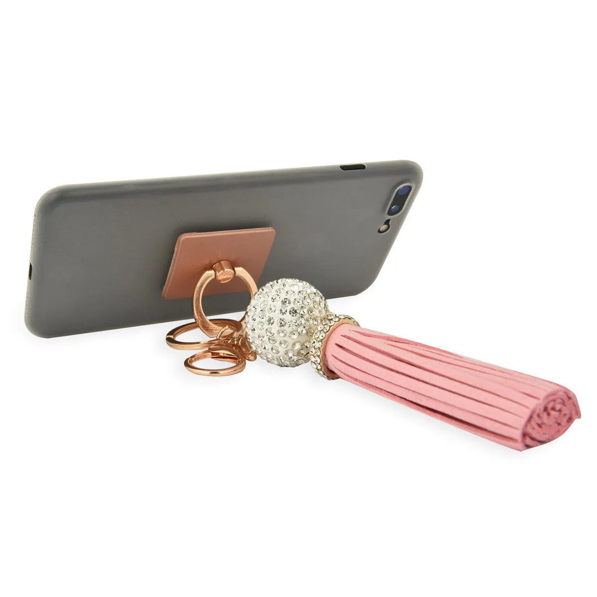 iOrigin Ring Grip/ Kick Stand   Acrylic Diamond Studded Ball with Faux Leather Tassel Key Chain for Mobile Phones & Tablets