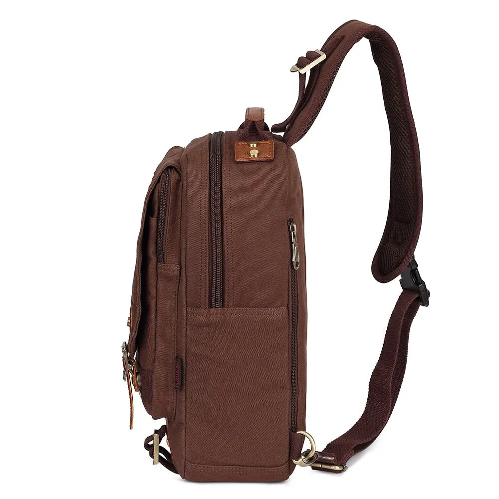 KAUKKO Canvas Crossbody Sling Bag Backpack for Cycling, Hiking, Camping, and Commuting, FD252 ( Coffee )