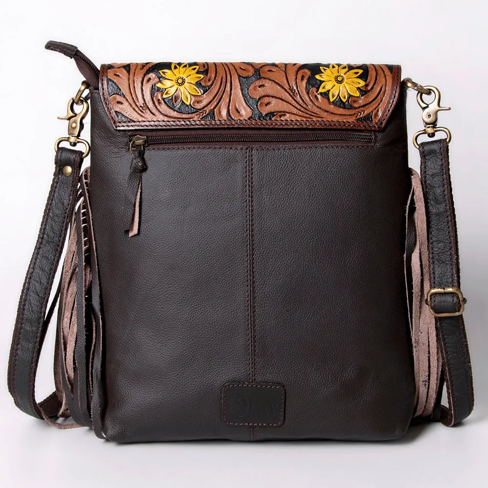 KBA104 - KBA104 -MESSENGER Hand Tooled Saddle Leather and Upcycled Canvas Ladies Bag 14.5x12.5 KBA10