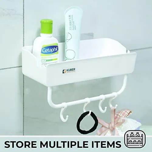 Kuber Industries Bathroom & Kitchen Organizer with Hooks for Hanging Kitchen & Bathroom Accessories|Multi-use Rectangular Wall Shelves|Self-Adhesive PP|A2912|Set of 2|White (Pack of 4)