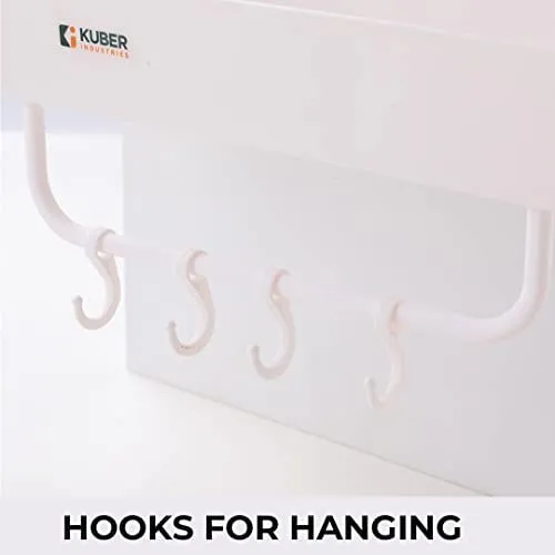 Kuber Industries Bathroom & Kitchen Organizer with Hooks for Hanging Kitchen & Bathroom Accessories|Multi-use Rectangular Wall Shelves|Self-Adhesive PP|A2912|Set of 2|White (Pack of 4)