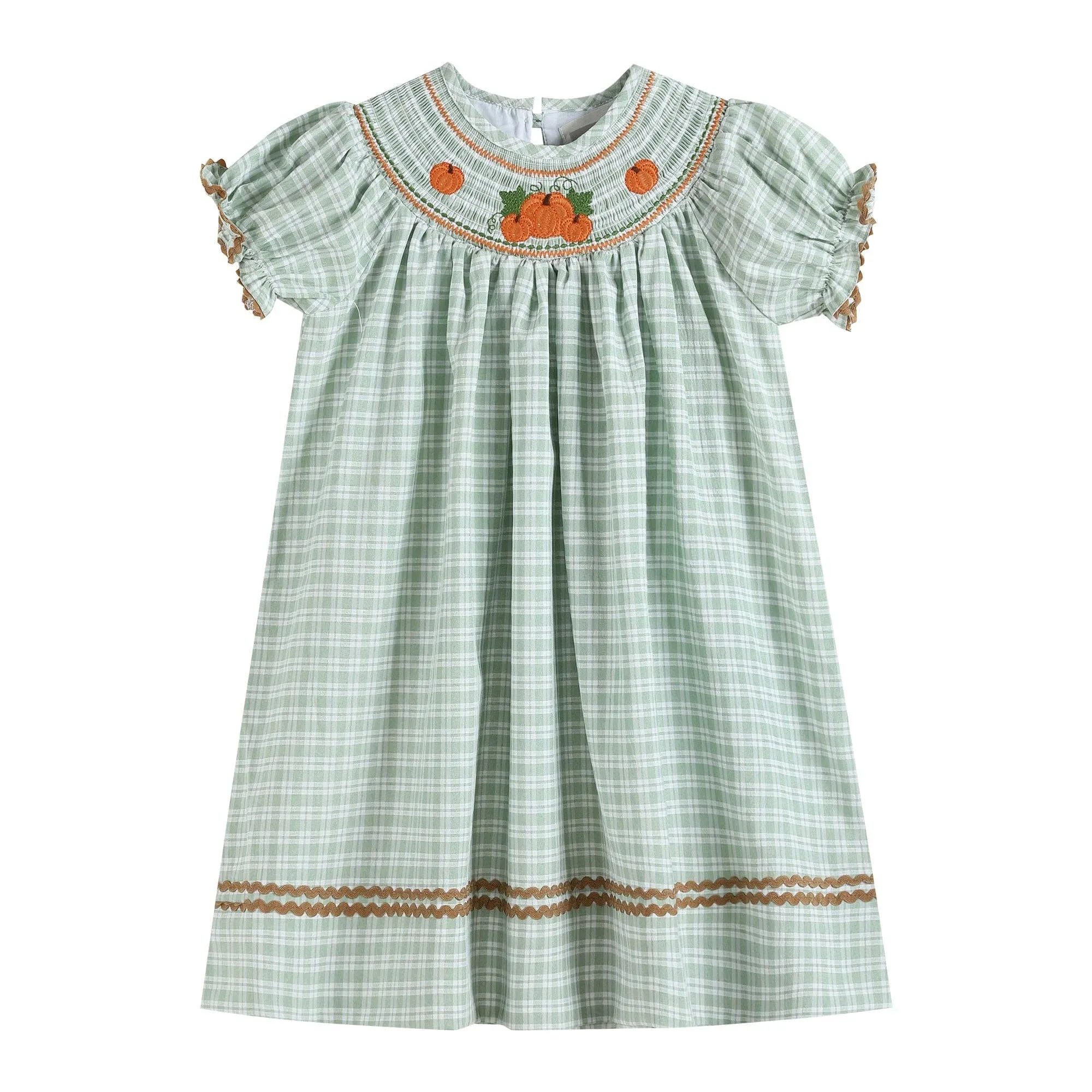 Lil Cactus - Sage Green Plaid Pumpkin Smocked Bishop Dress