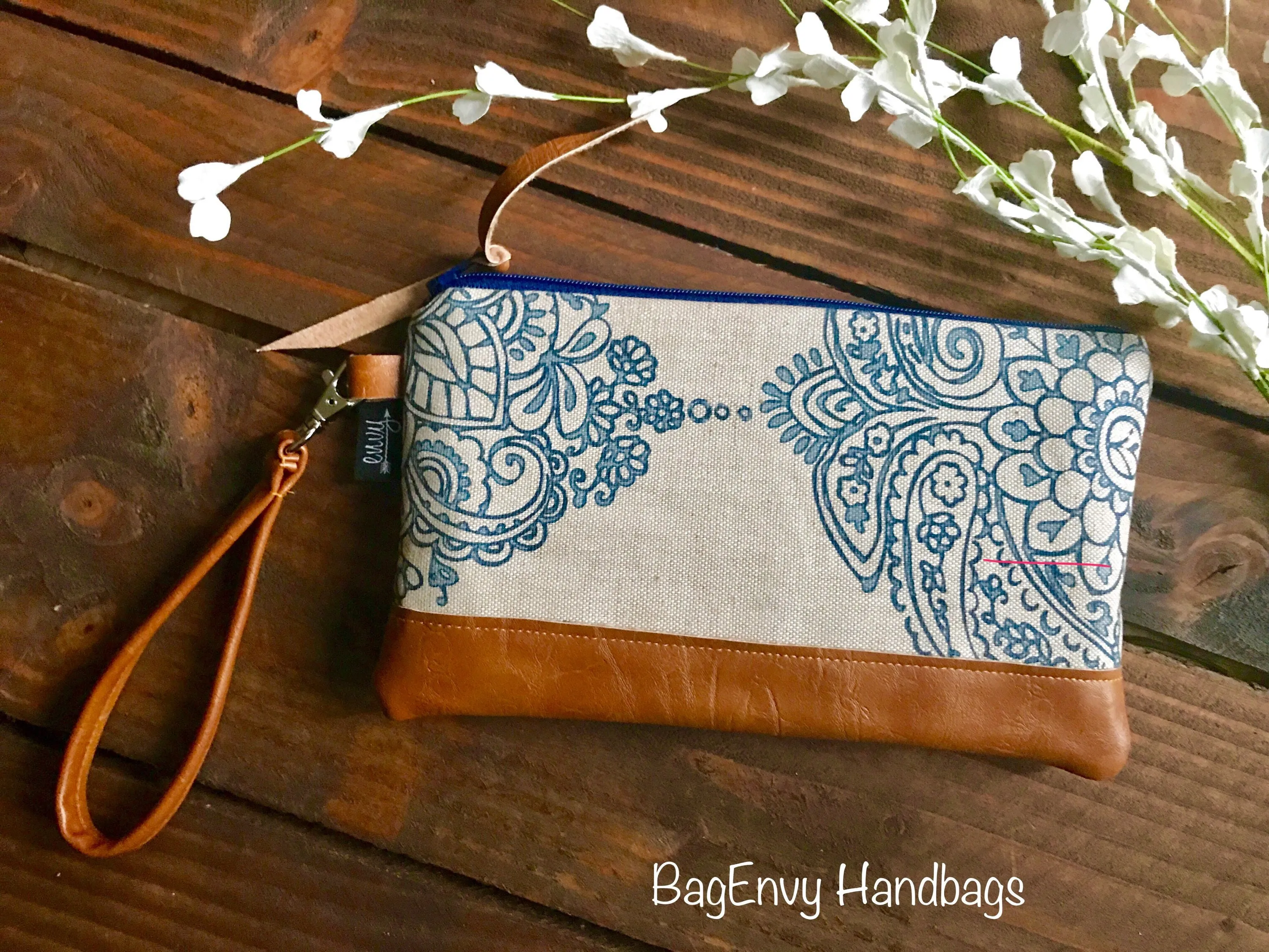 Mandala Paisley in Navy with Vegan Leather - Zippered Wristlet Clutch /  Bridesmaid Gift- Accessory Make Up Bag -