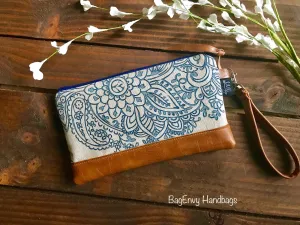 Mandala Paisley in Navy with Vegan Leather - Zippered Wristlet Clutch /  Bridesmaid Gift- Accessory Make Up Bag -