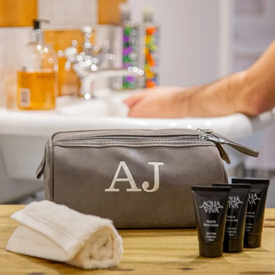 Men's Brown Wash Bag And Towel Set