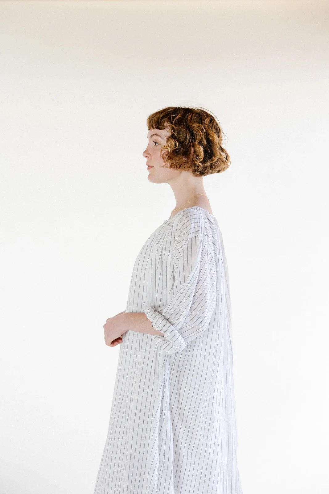 Metta - Elle Gathered Dress - White Stripe Cotton Voile