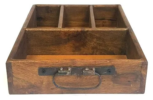 Mountain Woods 4 Section Merlot Vintage Style Brown Mango Wood Organizer Tray/Caddy w/ Metal Handles - 15.625"