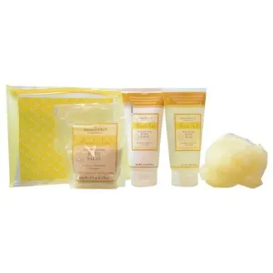 Muscle Soak Set-ocean Mineral Bath Salts 4.5 Oz & Body Scrub 3.4 Oz & Body Wash 3.4 Oz & Yellow Pouf & Travel Tote By Aromafloria