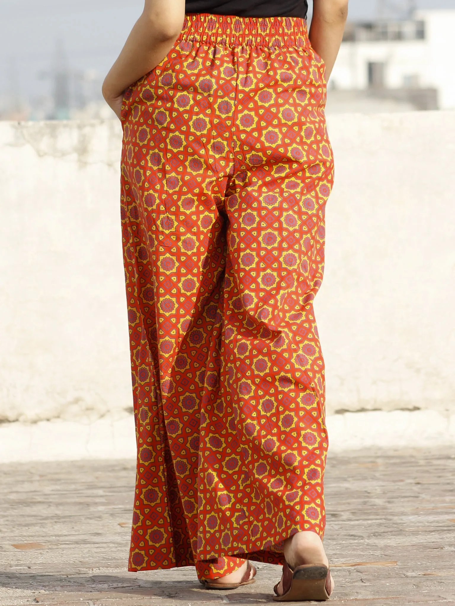 Orange Yellow  Indigo Hand Block Printed Semi Elasticated Waist Pleated Cotton Palazzo - P11F696