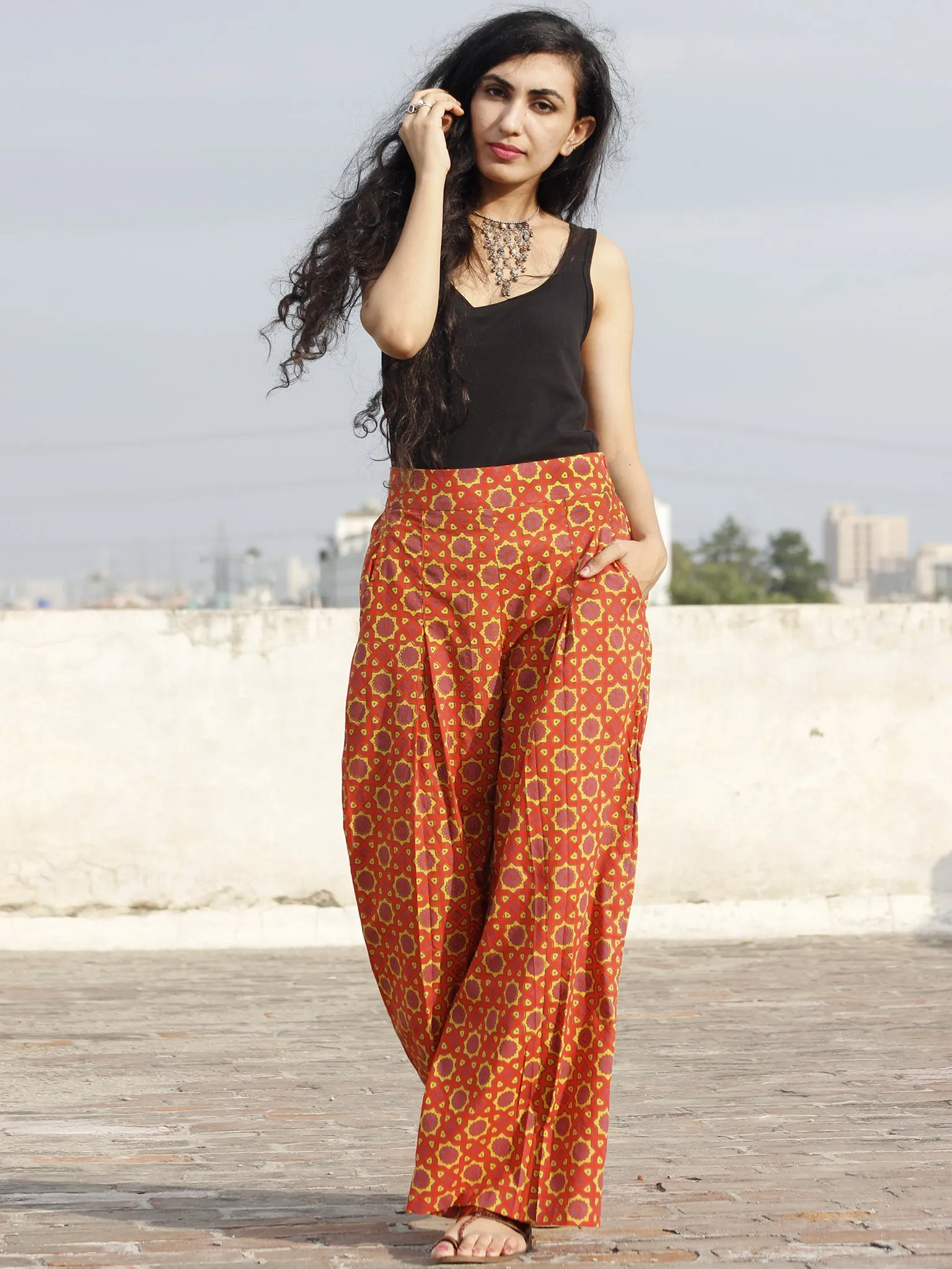 Orange Yellow  Indigo Hand Block Printed Semi Elasticated Waist Pleated Cotton Palazzo - P11F696