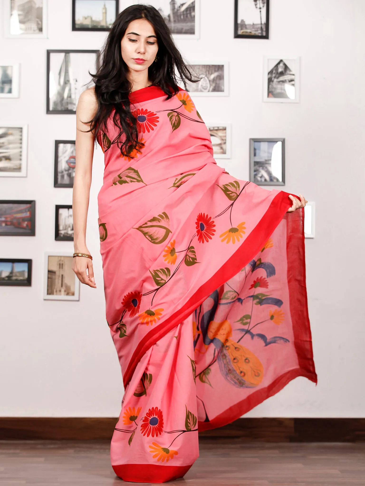 Peach Red Blue Green Block Printed & Hand Painted Cotton Mul Saree - S031702926