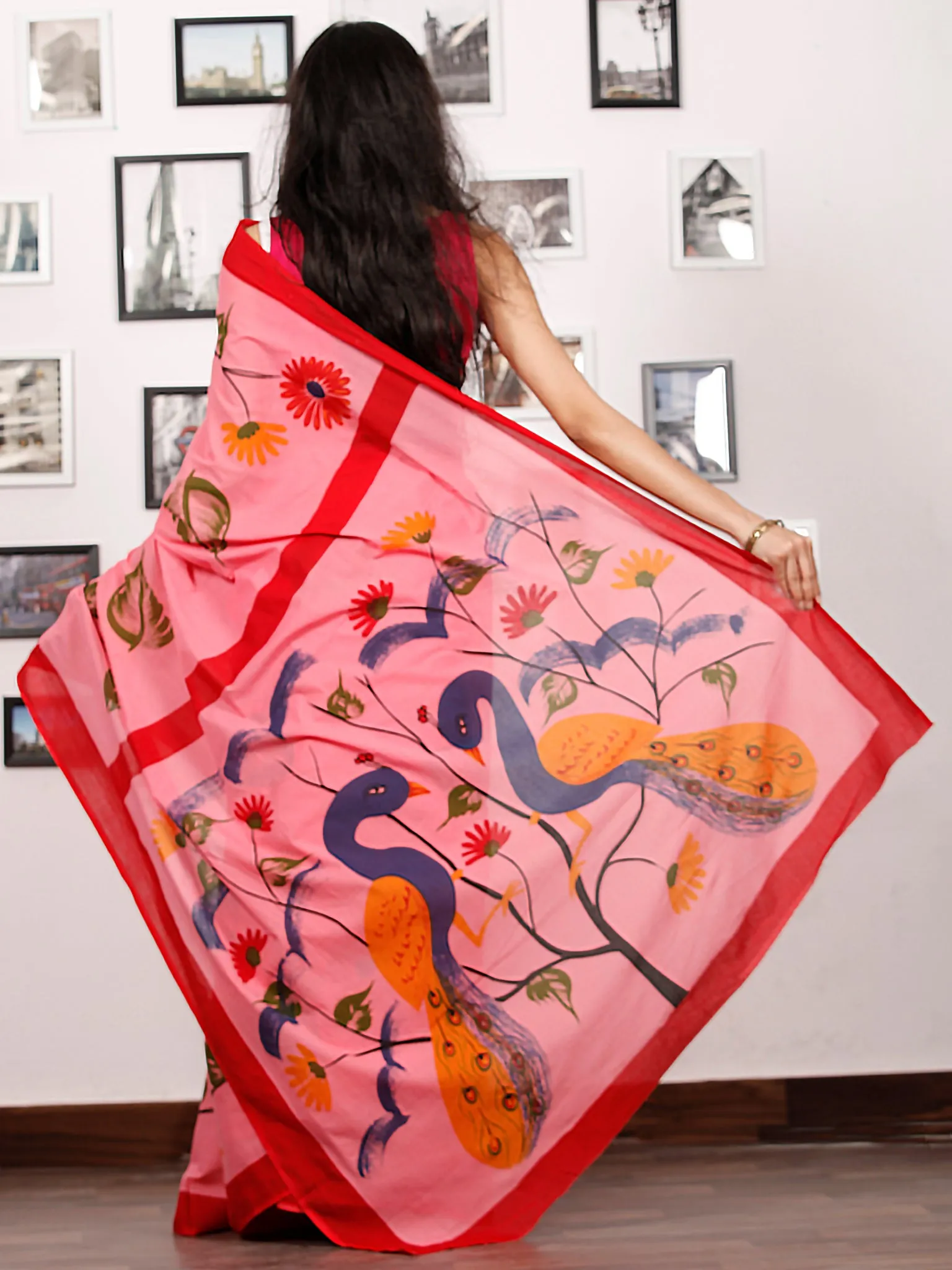 Peach Red Blue Green Block Printed & Hand Painted Cotton Mul Saree - S031702926