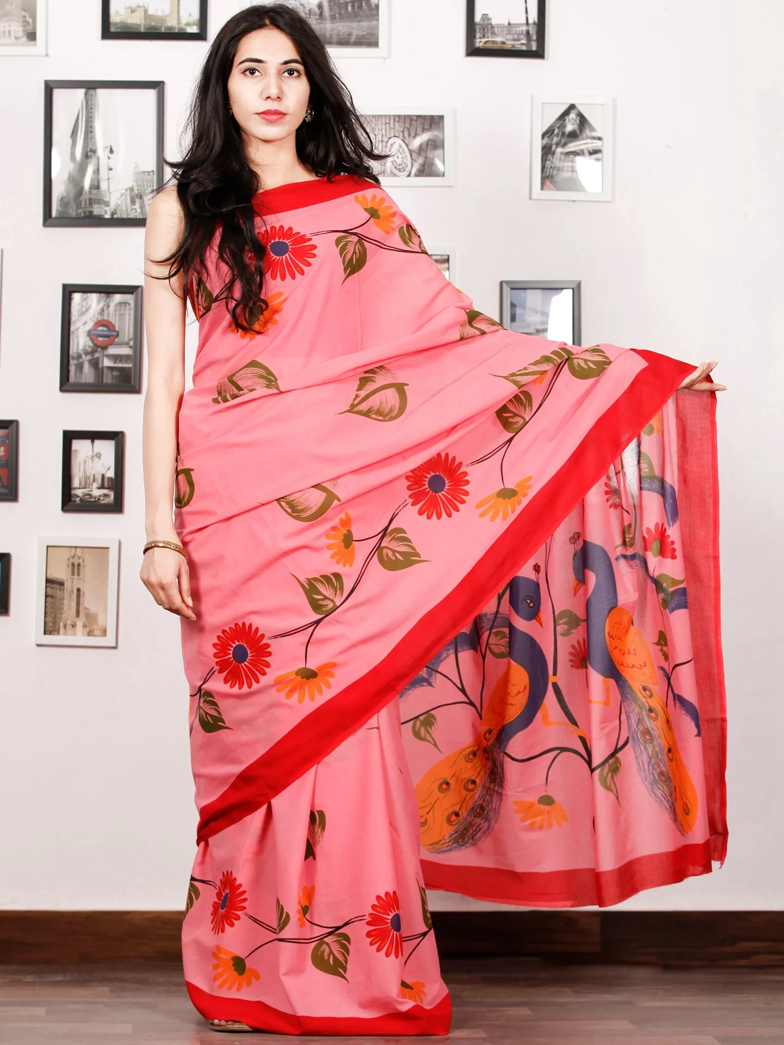 Peach Red Blue Green Block Printed & Hand Painted Cotton Mul Saree - S031702926