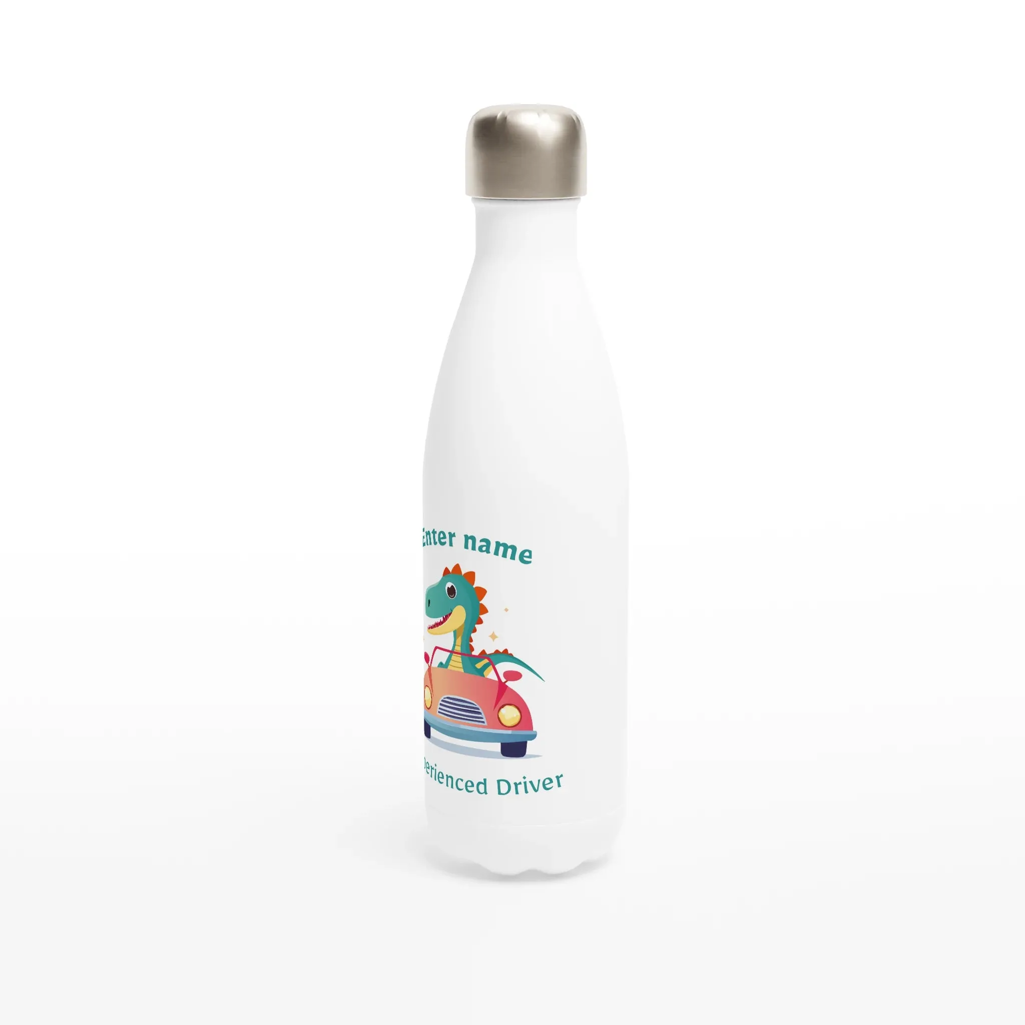 Personalisable White 17oz Stainless Steel Water Bottle - Experienced Dino Driver