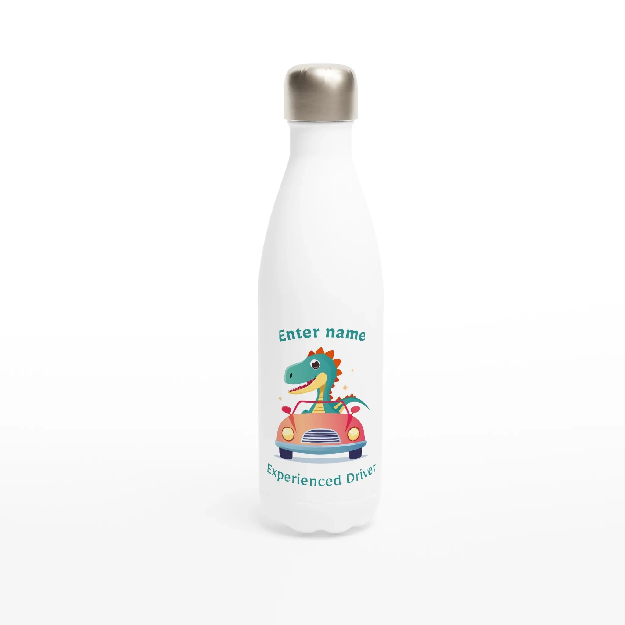 Personalisable White 17oz Stainless Steel Water Bottle - Experienced Dino Driver