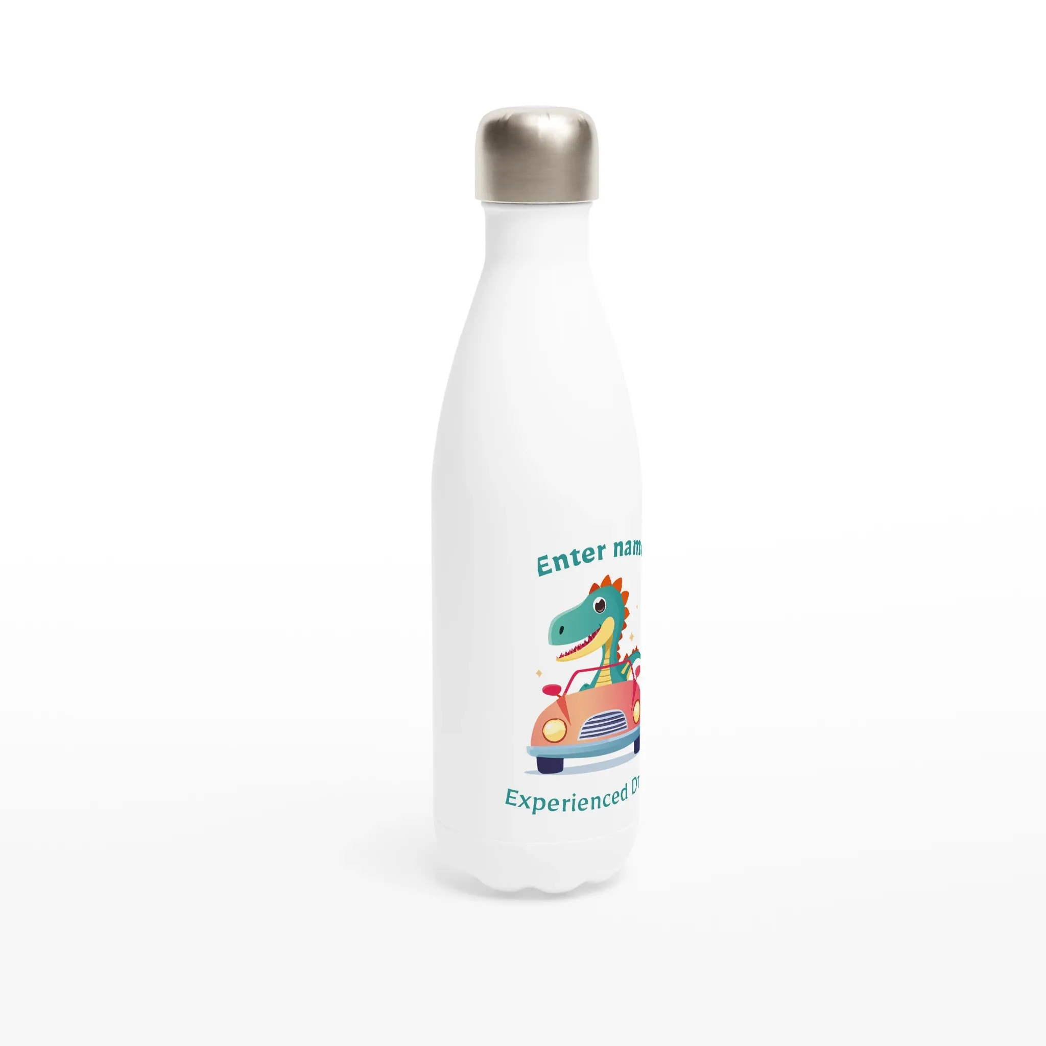 Personalisable White 17oz Stainless Steel Water Bottle - Experienced Dino Driver