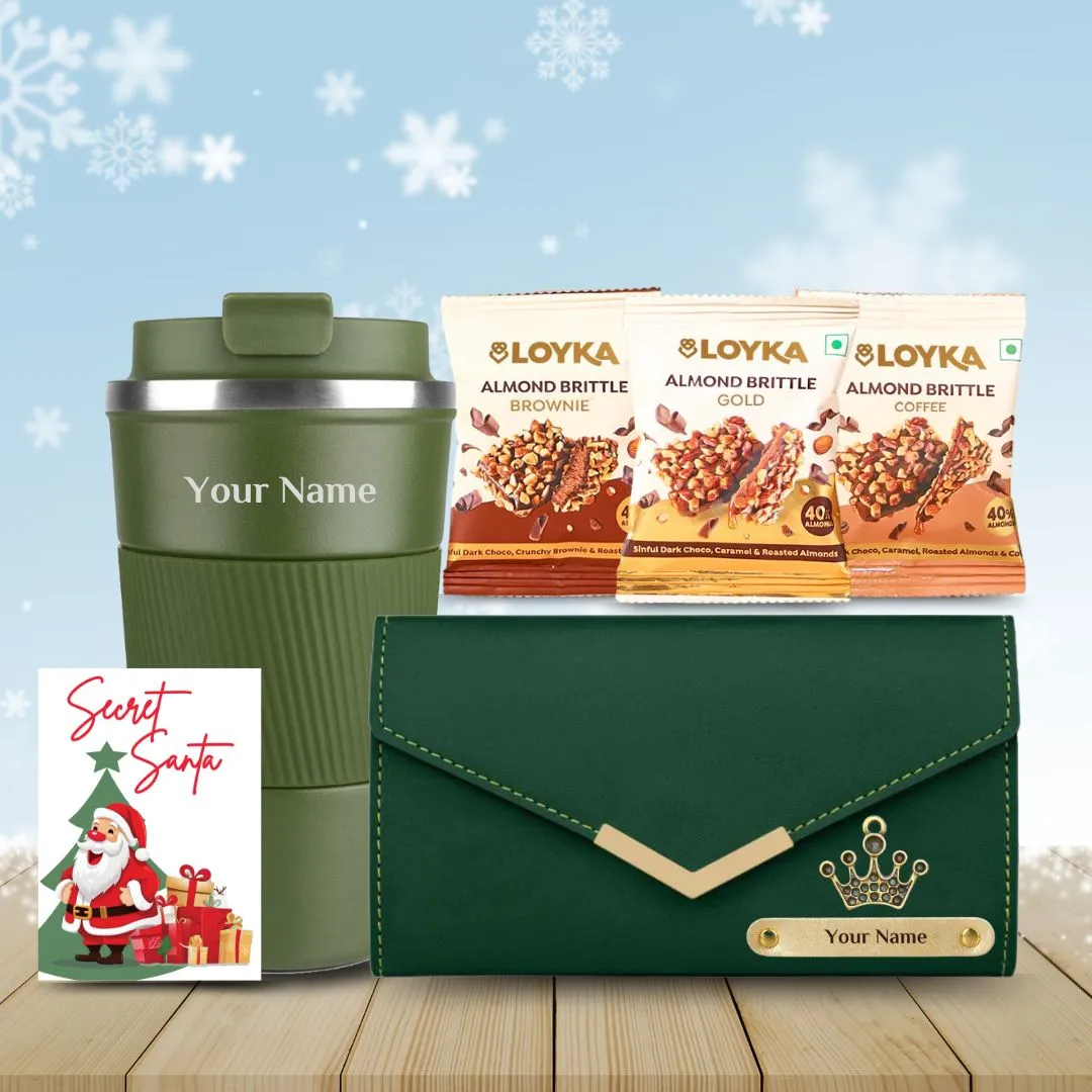 Personalized Tumbler and Ladies Wallet Gift Set with Loyka Assorted Brittle and Secret Santa Card - Green