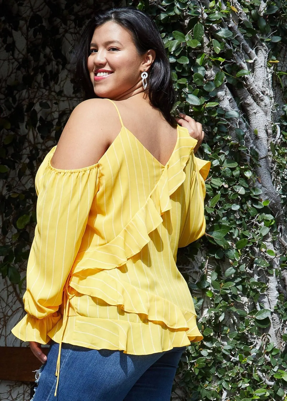 Plus Size Asymmetrical Shoulder Ruffle Blouse