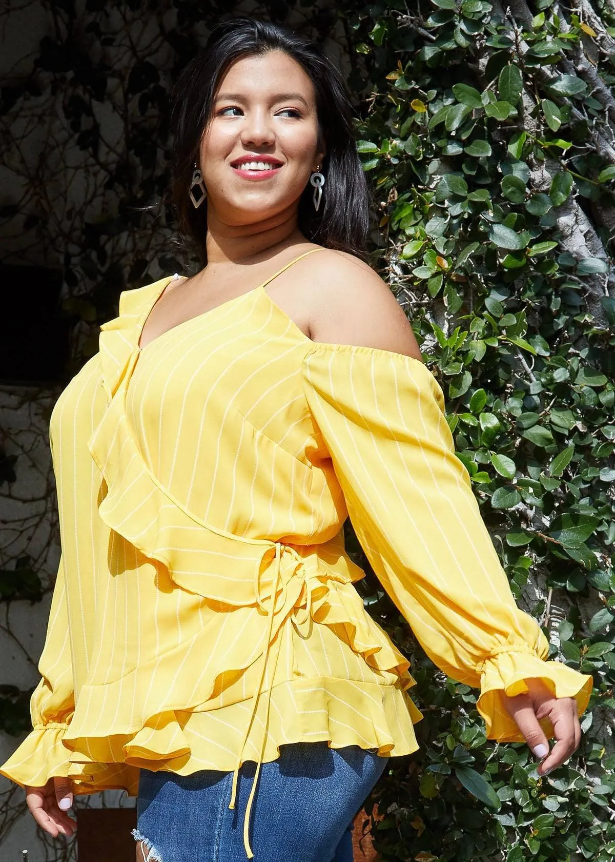 Plus Size Asymmetrical Shoulder Ruffle Blouse