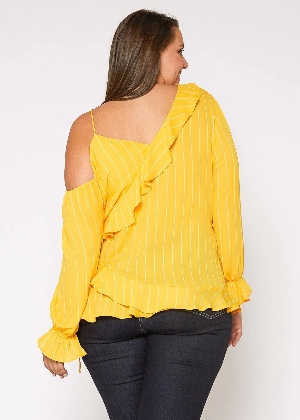 Plus Size Asymmetrical Shoulder Ruffle Blouse