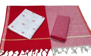 Punekar Cotton 100% Handloom Cotton Red & White Color Women Dress Unstitched Fabric