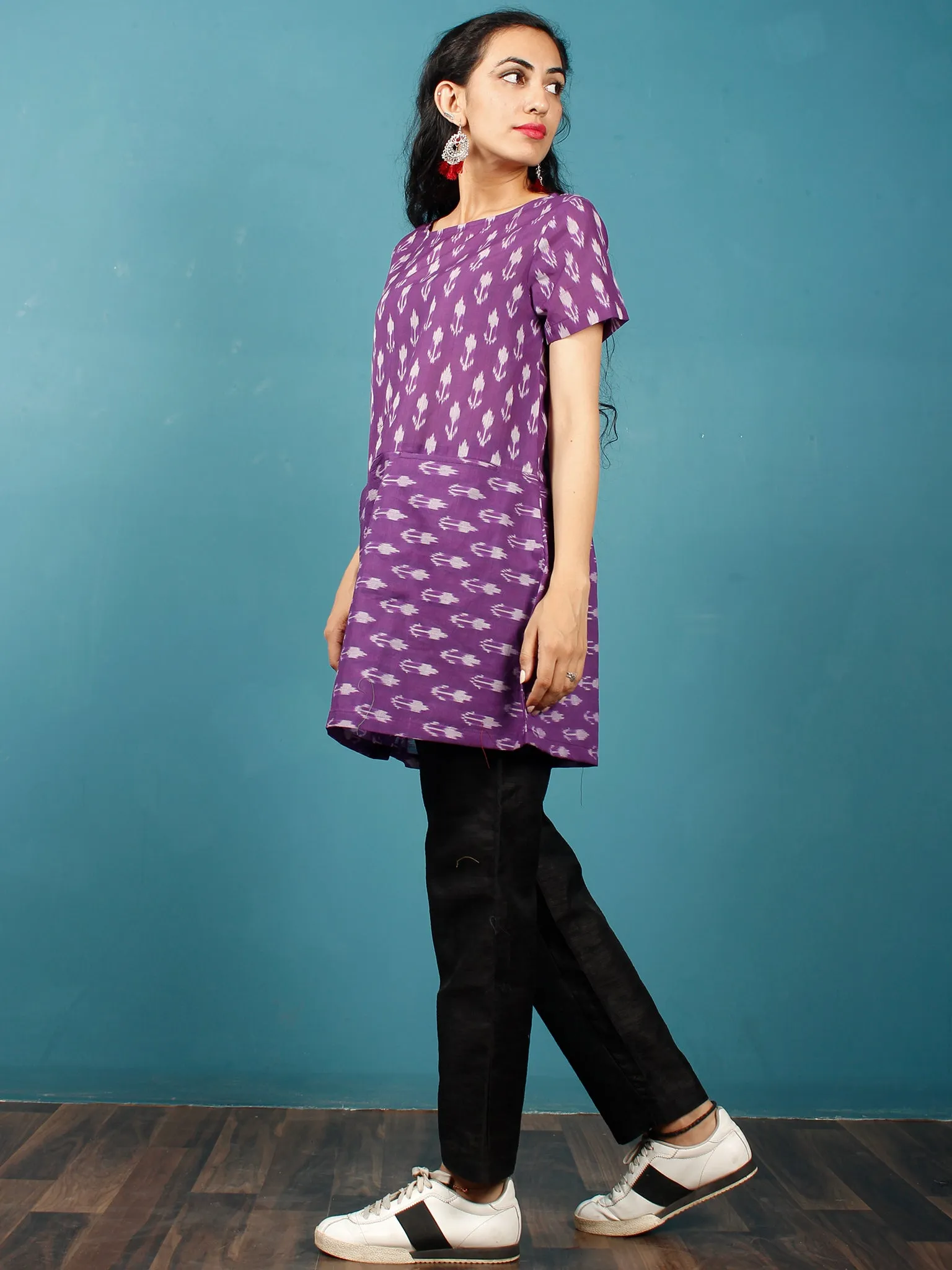 Purple Grey Hand Woven Mercerised Ikat Cotton Tunic  - Tun11F841