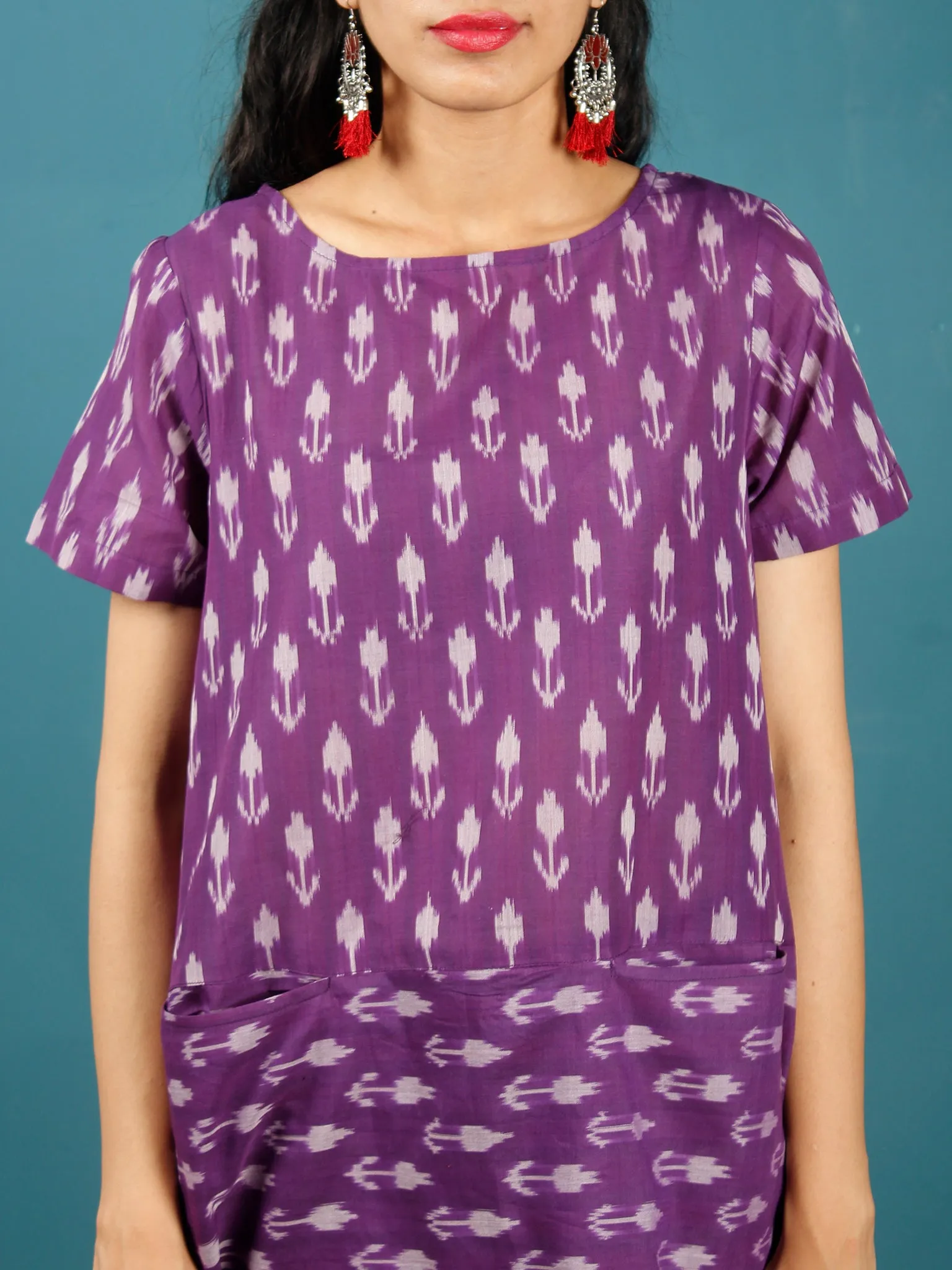 Purple Grey Hand Woven Mercerised Ikat Cotton Tunic  - Tun11F841