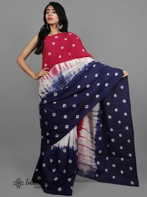 Red Indigo Ivory Hand Shibori Dyed Cotton Saree - S031702412