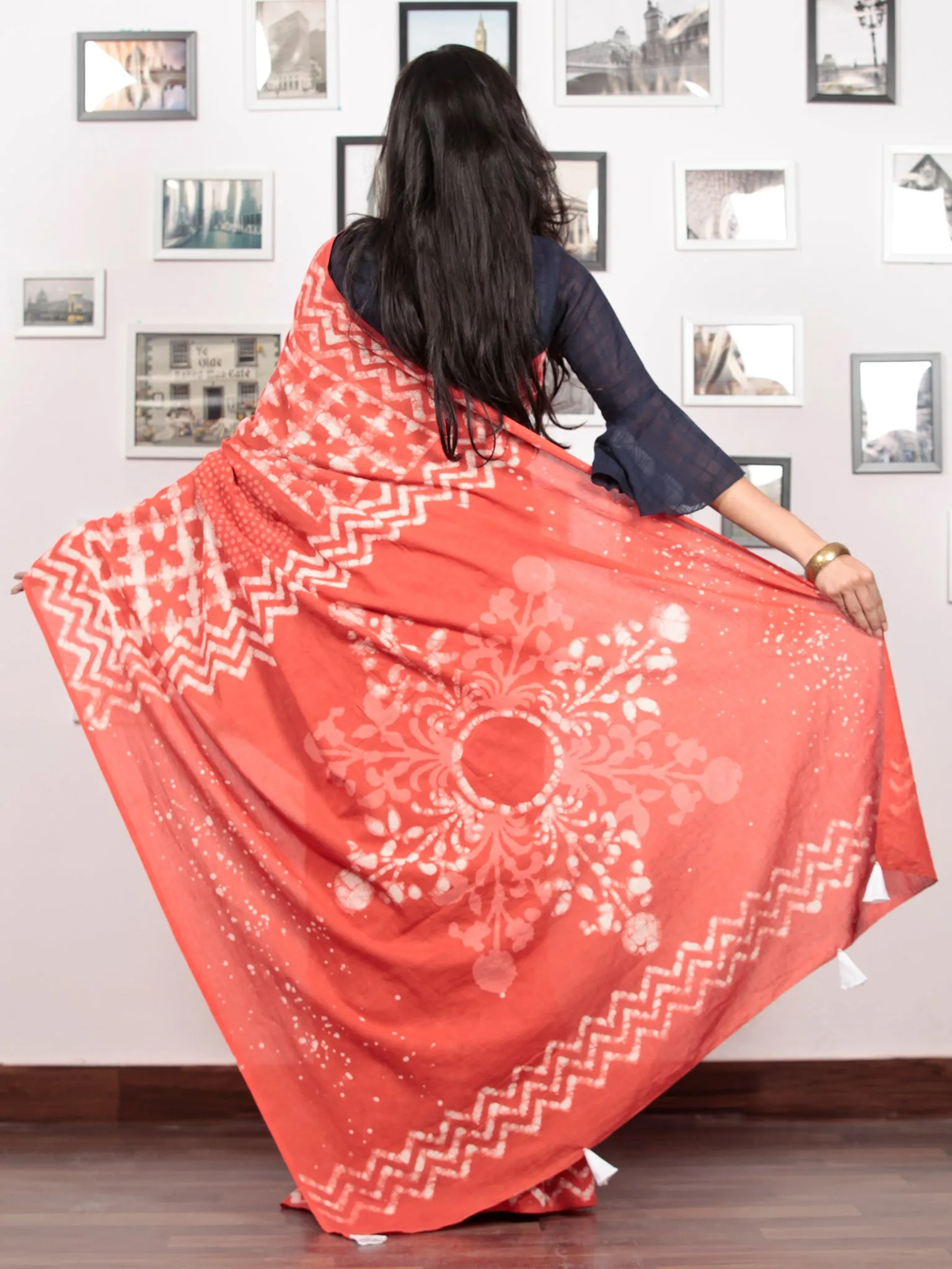 Red Ivory Hand Block Printed Cotton Mul Saree With Tassels - S031703022