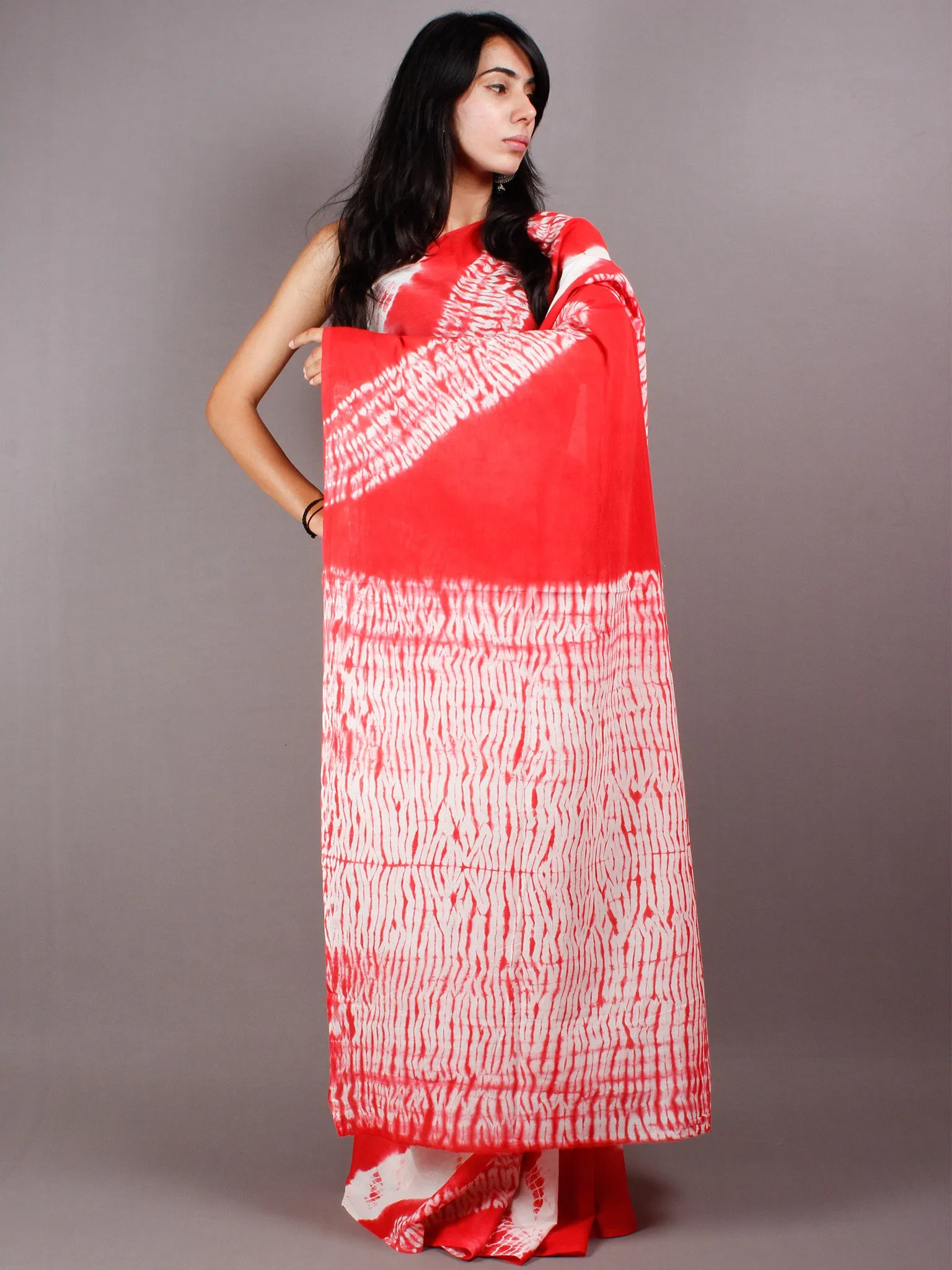 Scarlet Red Ivory Shibori Dyed Cotton Mul Saree  - S03170449