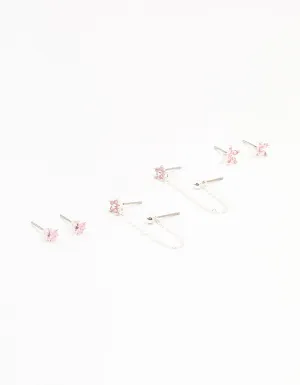 Silver Heart Flower Chain Earrings 4-Pack