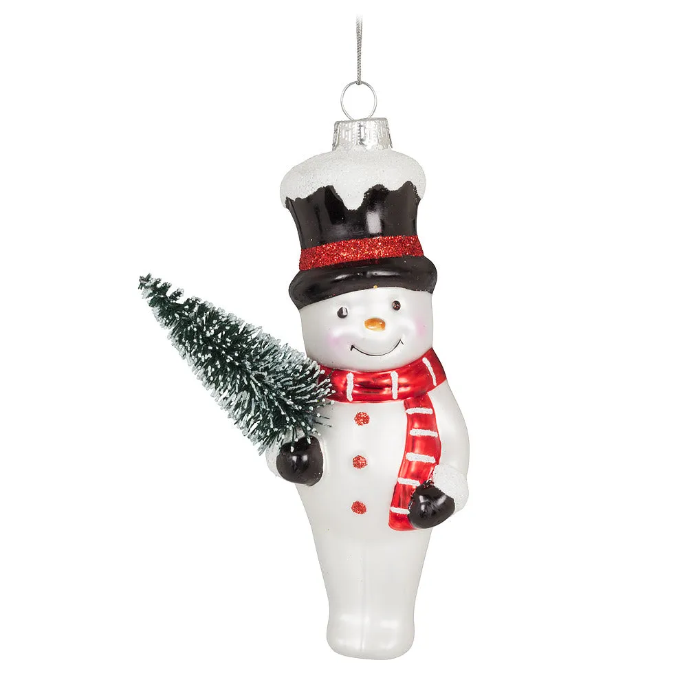 Snowman with Tree Glass Ornament