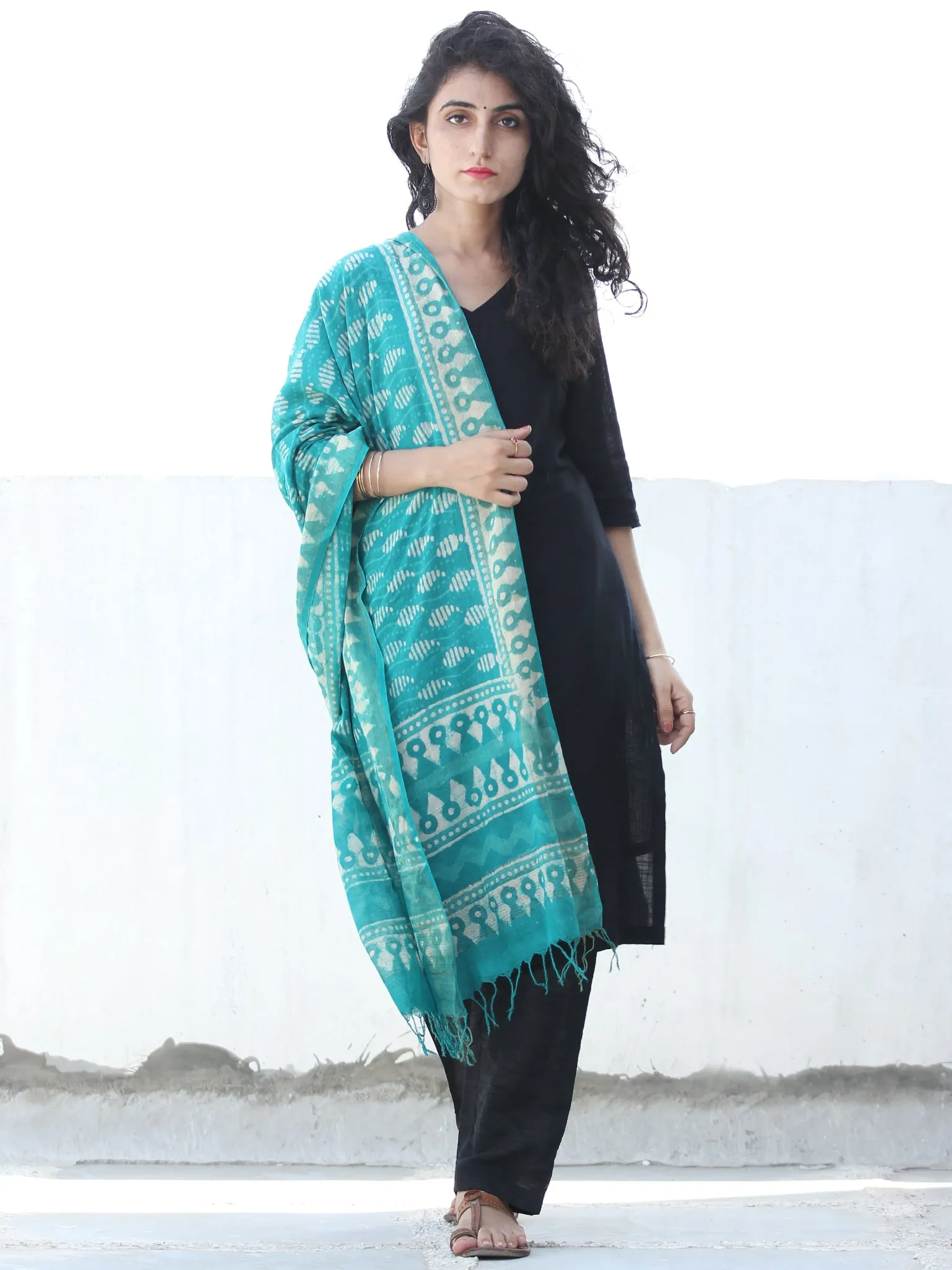 Teal Green Ivory Cotton Hand Block Printed Dupatta  - D04170449