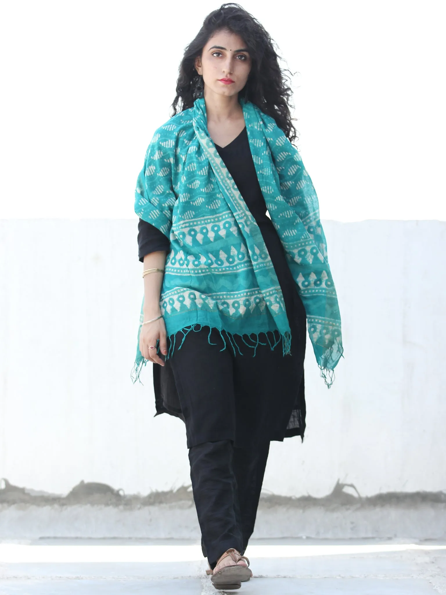 Teal Green Ivory Cotton Hand Block Printed Dupatta  - D04170449