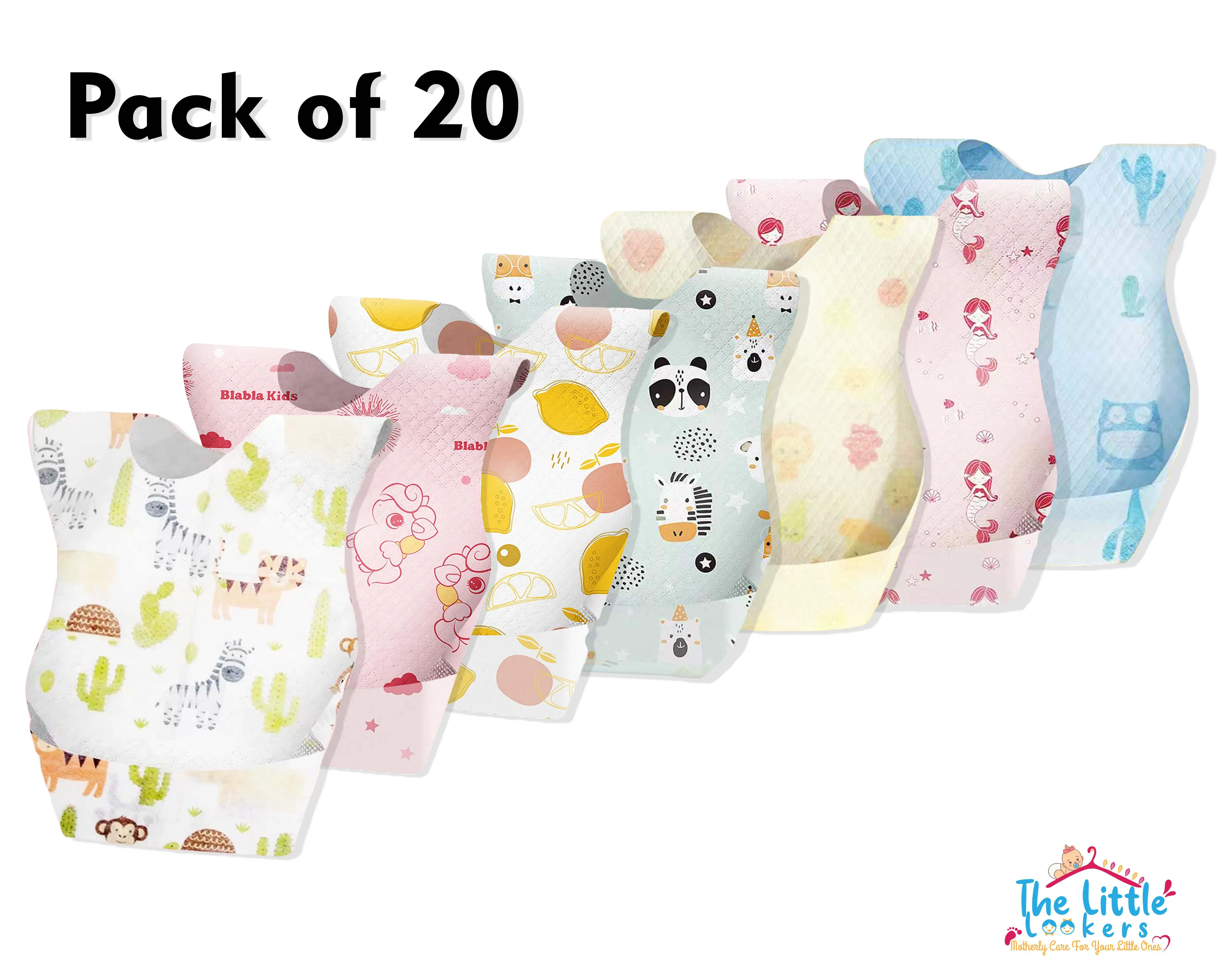 THE LITTLE LOOKERS Disposable/Use & Throw Baby Bibs/Apron for Feeding/Burp/Drool | Stick on Tape Closure| Travel & Eco-Friendly Baby Bibs for Newborns/Infants/Toddlers (Multi -Pack of 20)