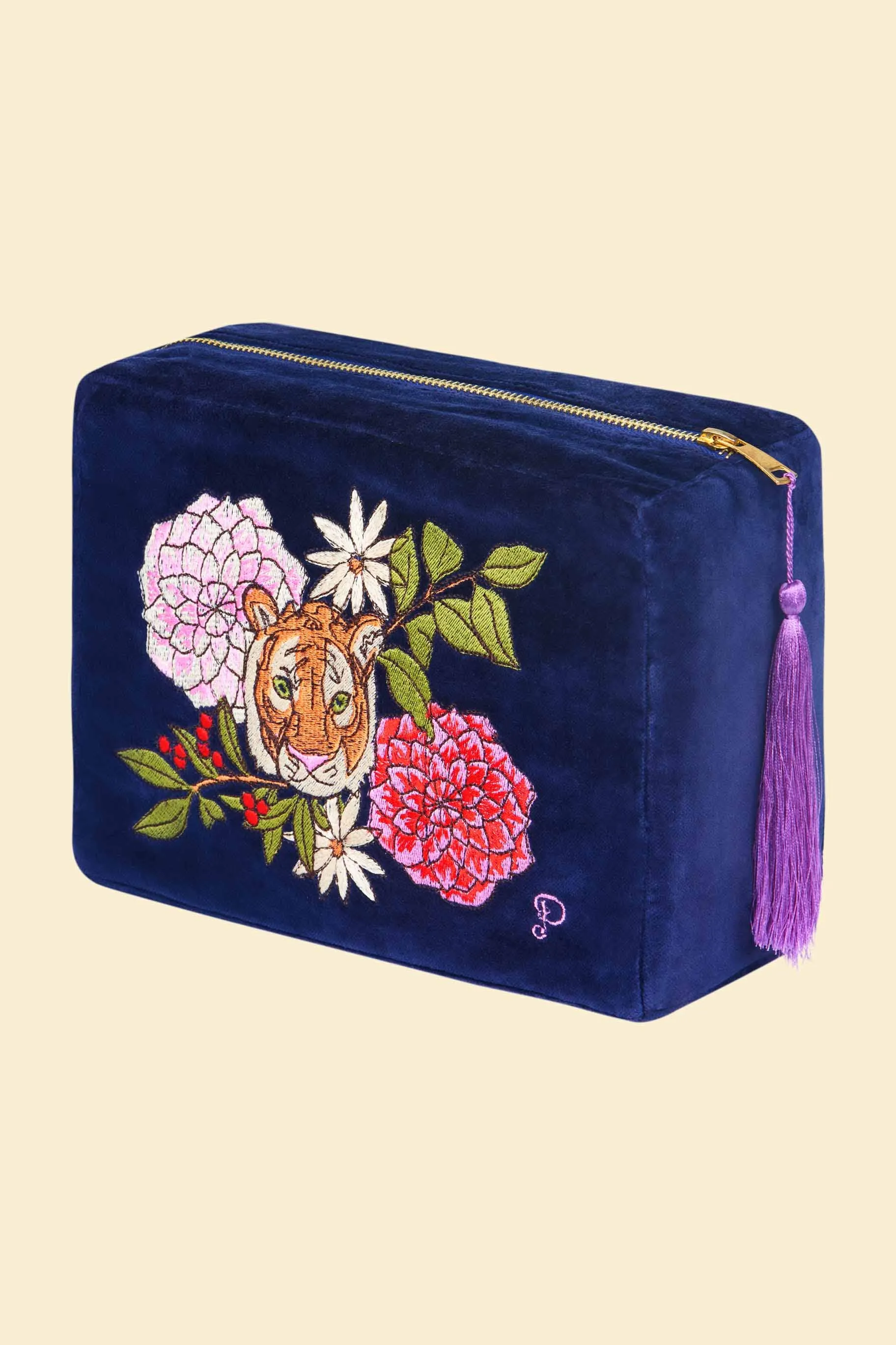 Velvet Vanity Bag - Floral Tiger Face in Indigo