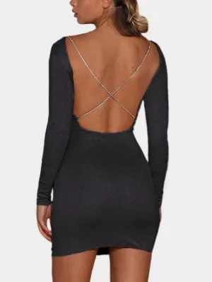 Wholesale Black Round Neck Long Sleeve Backless Bodycon Mini Dresses