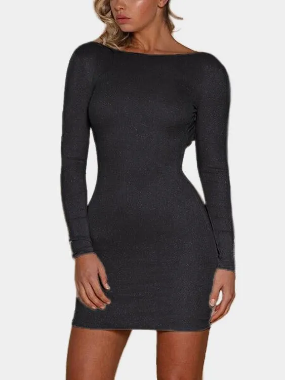 Wholesale Black Round Neck Long Sleeve Backless Bodycon Mini Dresses